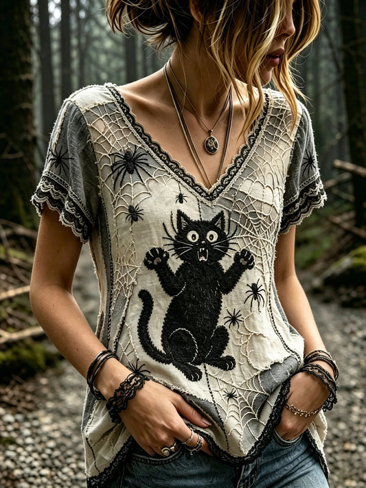Women's Vintage Shock Spider Black Cat Patchwork Art Short Sleeve T-shirt