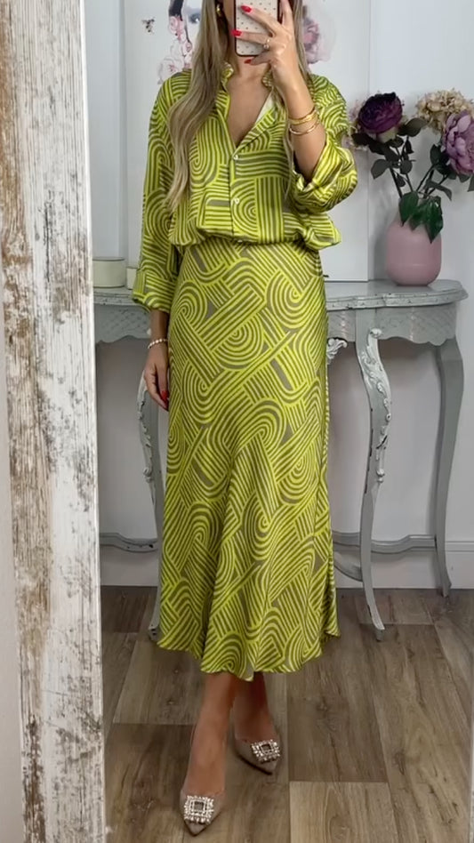 Geometric Print Shirt & Midi Skirt Co‑Ord Set