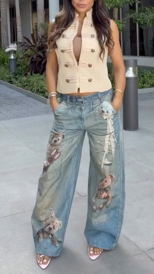 Stand Collar Sleeveless Waistcoat & Teddy Bear Print Wide Leg Jeans