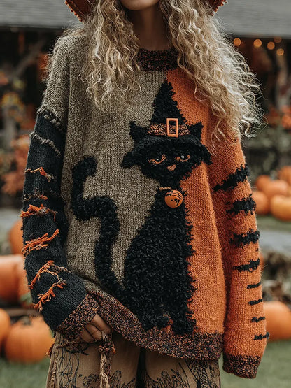 Halloween Cute Witch Cats Art Cozy Knit Sweater