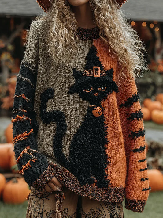 Halloween Cute Witch Cats Art Cozy Knit Sweater
