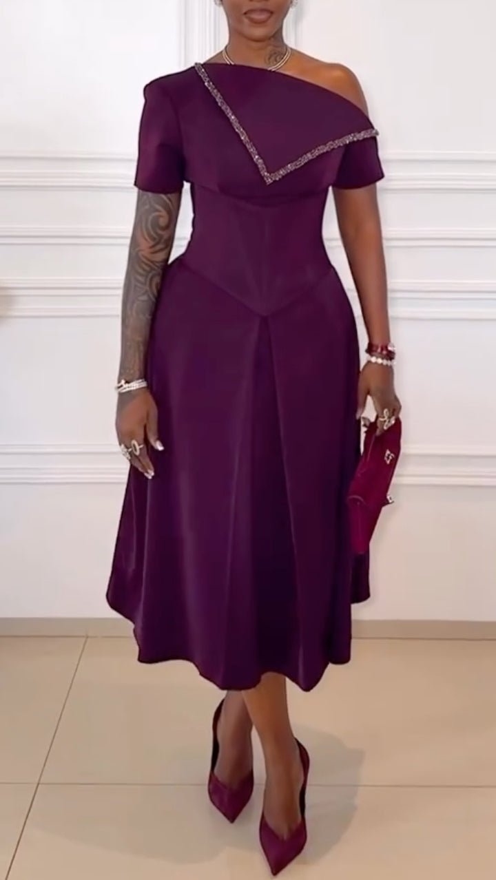 Deep Purple Off-the-Shoulder Midi Dress