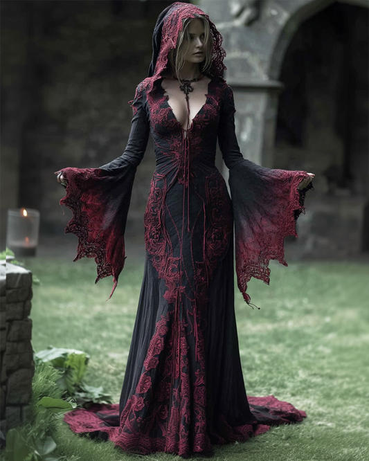 Women's Halloween Embroidered Bat Sleeve Hooded Dress c054