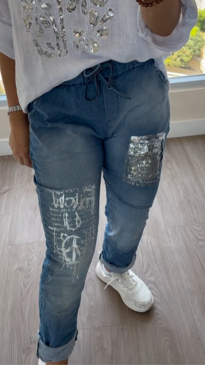 White Linen Sequin Top & Distressed Denim Jeans