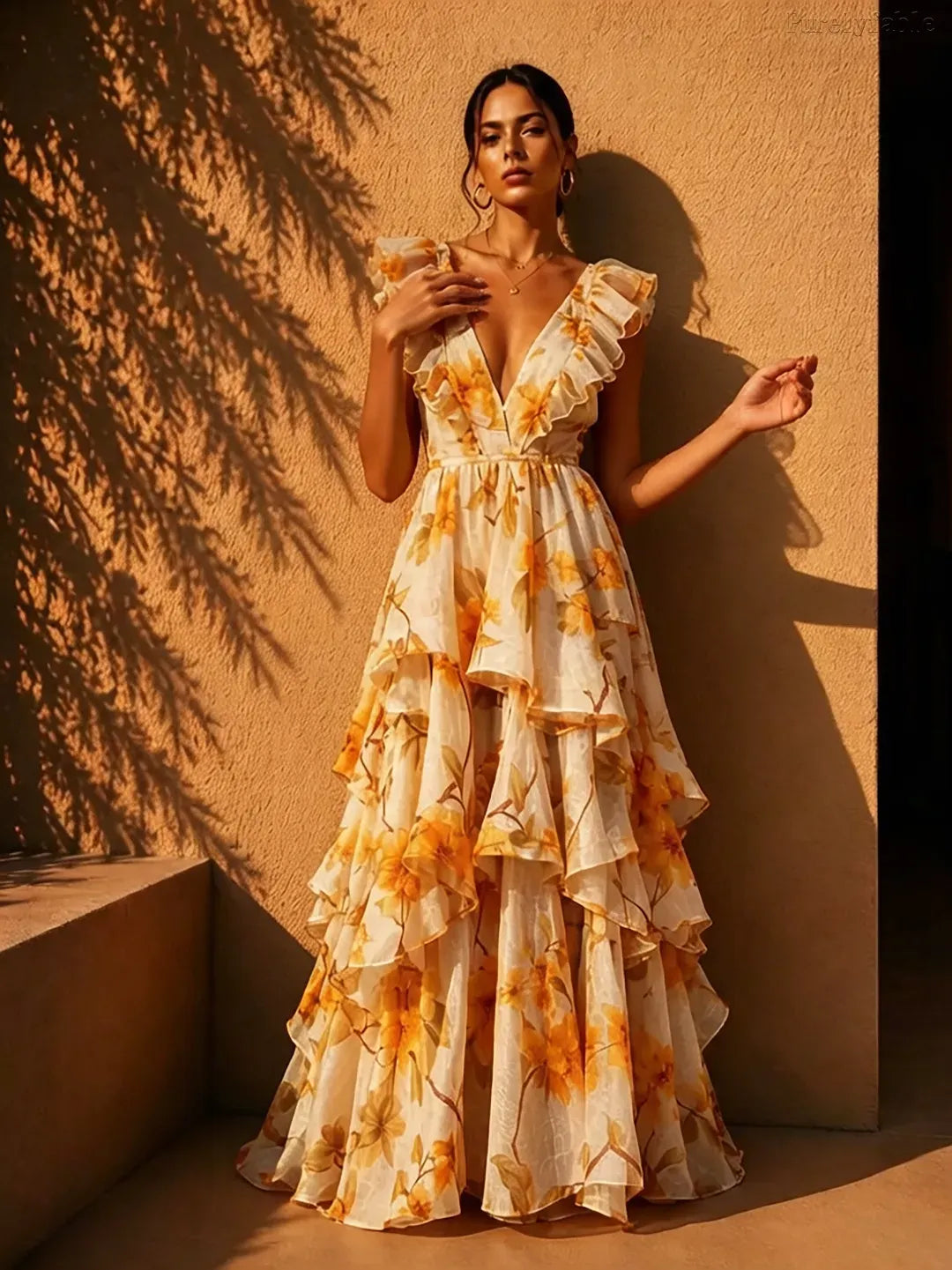 Yellow V Neck Floral Print Ruffle Hem Maxi Dress