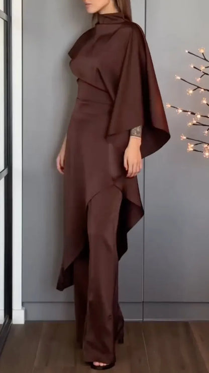 High Neck Cape Top with Wide Leg Pants for Formal Set