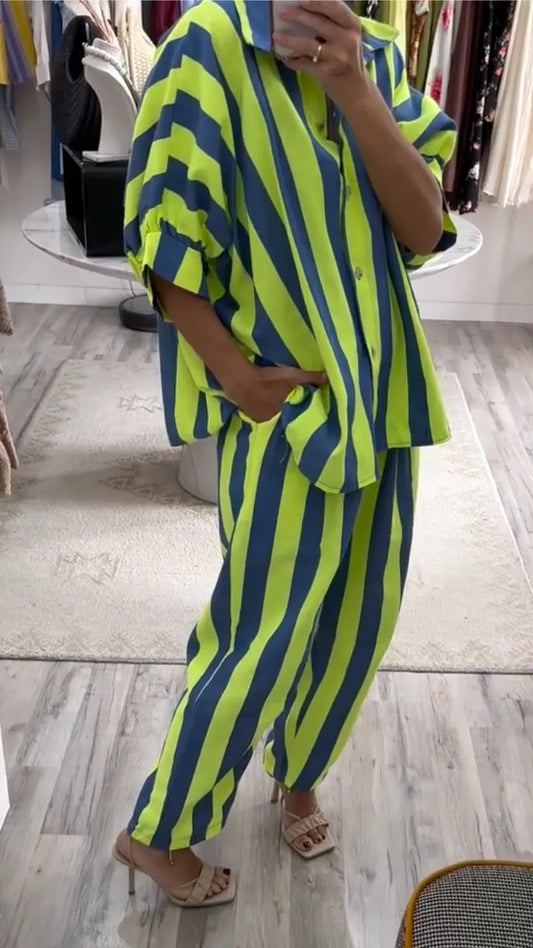 Women's Striped Print Casual Suit With Lapel