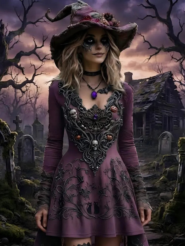 Women’s Gothic V-neck Long Sleeve Dress With Skull, Pumpkin, And Cat Embroider