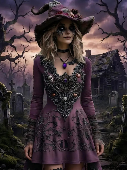 Women’s Gothic V-neck Long Sleeve Dress With Skull, Pumpkin, And Cat Embroider