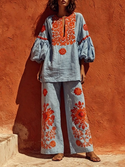 Bohemian Floral Print Linen And Cotton Two-piece Top And Pants Set