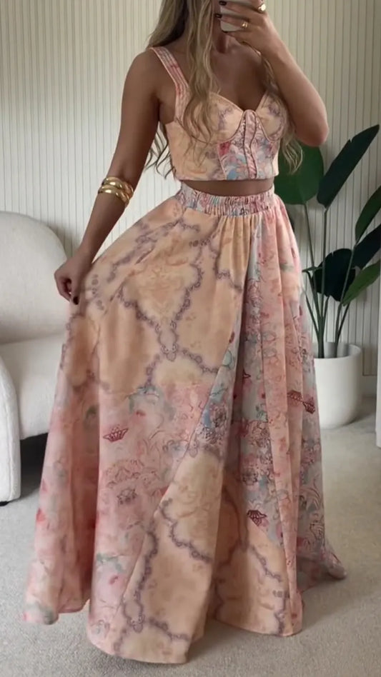 Pastel Floral Corset Top & Maxi Skirt Co-Ord Set