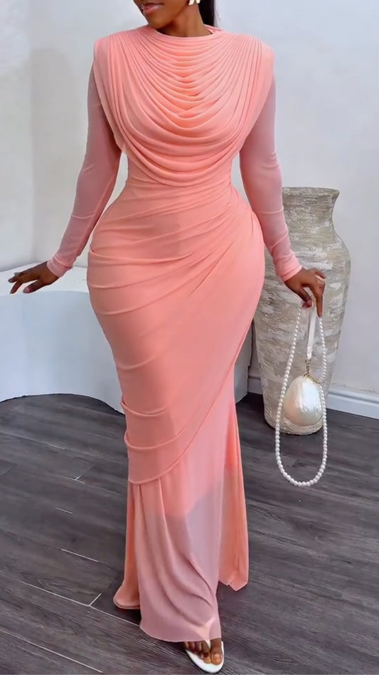 Draped Mesh Sleeve Formal Maxi Dress