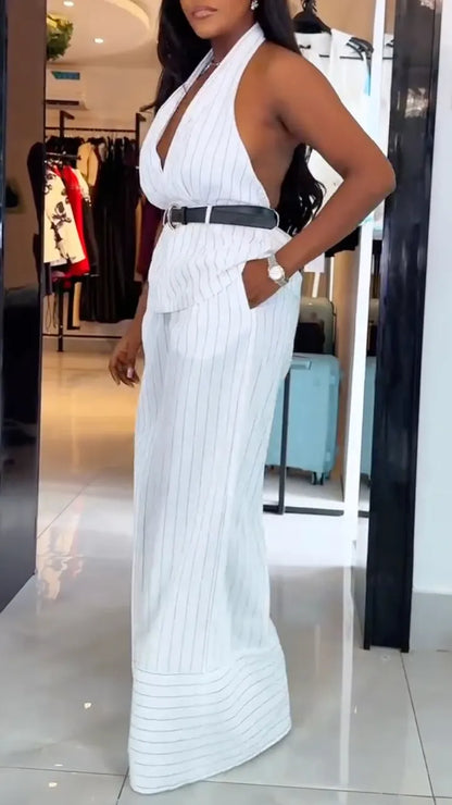 White Pinstripe Halter Neck Top & Wide Leg Pants Set