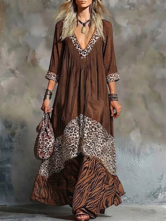 Boho Vintage Leopard Tiger Contrast Splice V-neck 3/4 Drop Sleeve Flow Cover-up Ankle Maxi Dress