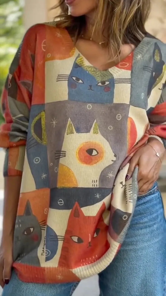 Cartoon Cat Print V-Neck Oversized Knit Top
