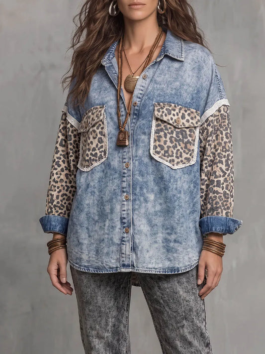 Vintage Elegant Color-Blocked Denim Patchwork Leopard Print Jacket Shirt