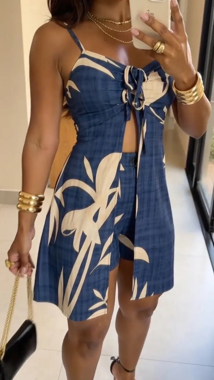 Blue Tropical Leaf Print Cutout Skort Set
