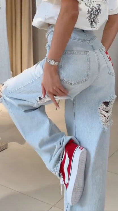 Light Wash Distressed Drawstring Baggy Jeans