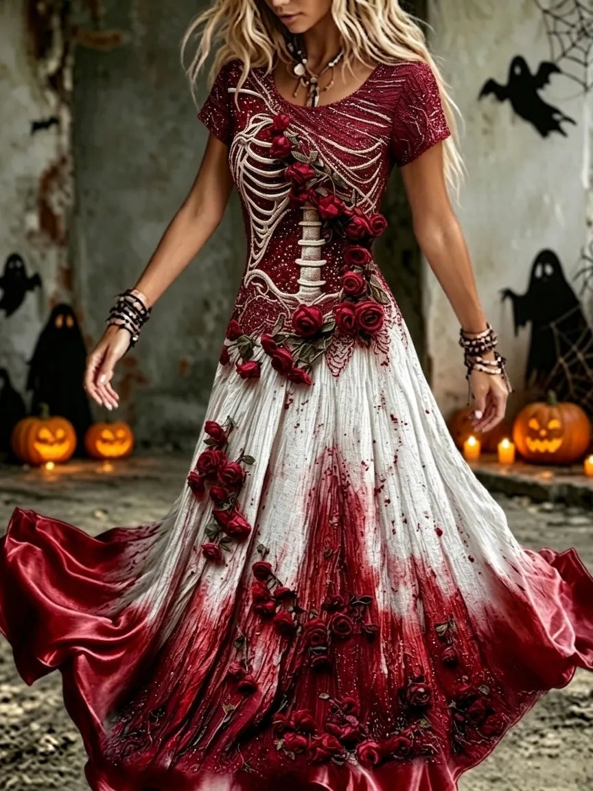 Women's Vintage Halloween Rose And Bloody Art Crew Neck Short Sleeve Maxi Dress