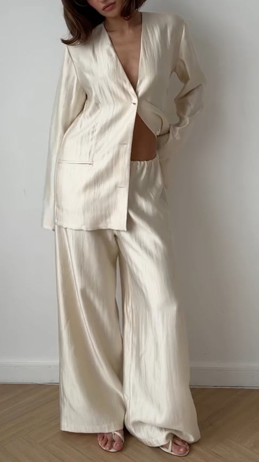 Cream Satin Oversized Blazer Co-Ord Set