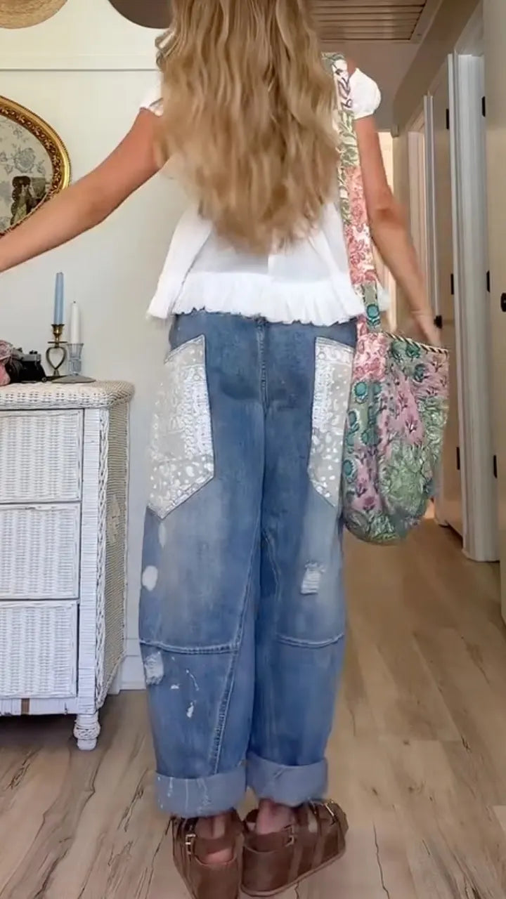 Short‑Sleeve Top & Distressed Patchwork Denim Jeans Co‑Ord Set