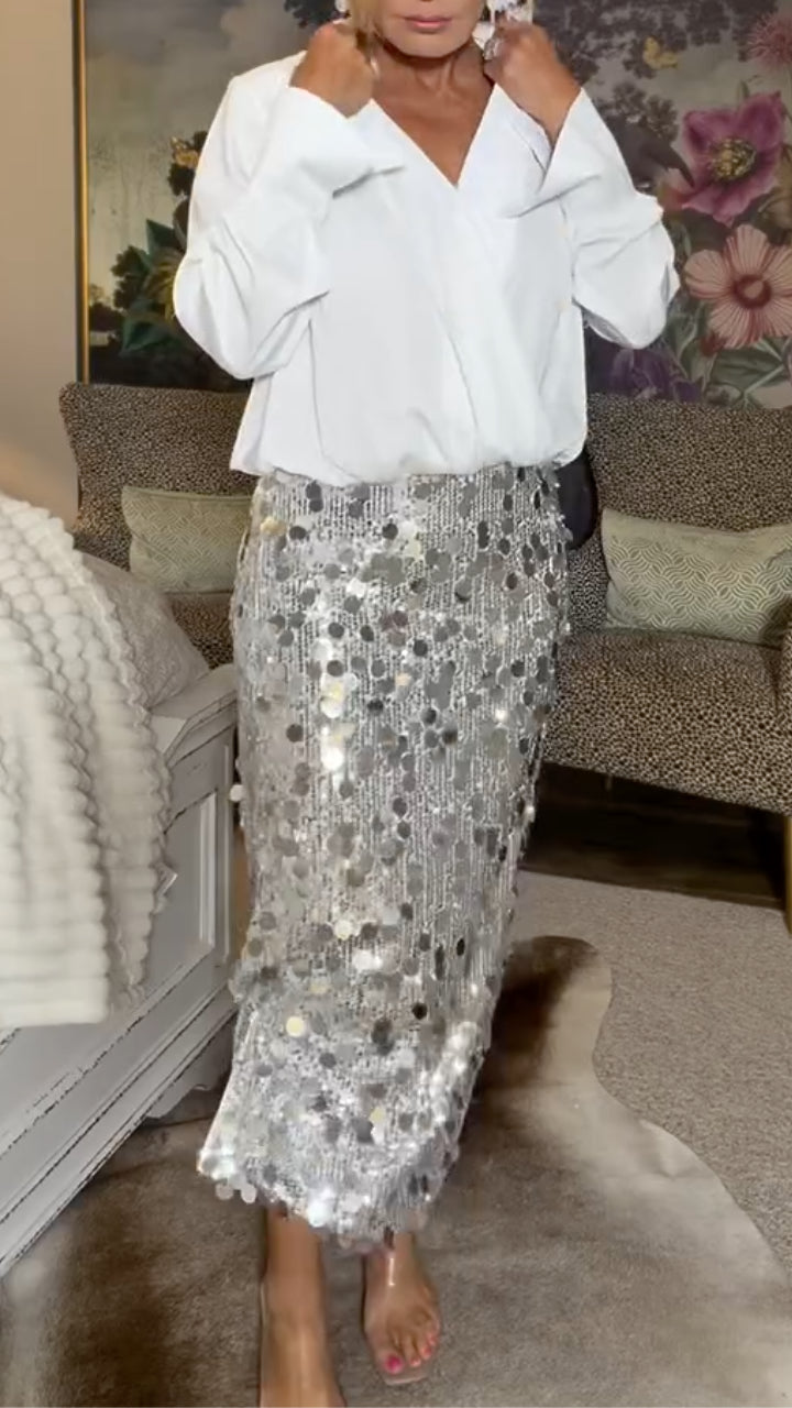 Silver Sequin Midi Skirt and White Blouse Outfit