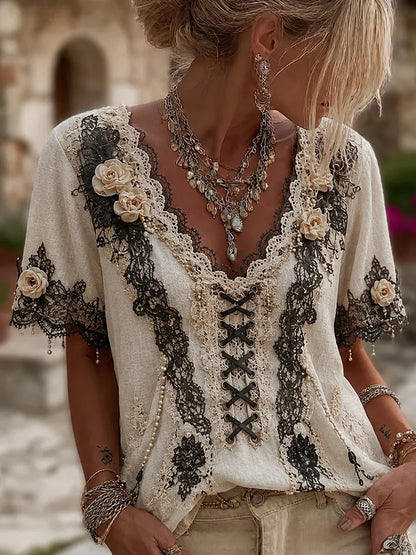 Women's Vintage Halloween Gothic Floral Embroidery Art V-neck Short Sleeve T-shirt