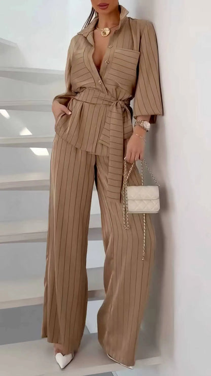Stripe Belted Shirt & Wide Leg Pants Co‑Ord