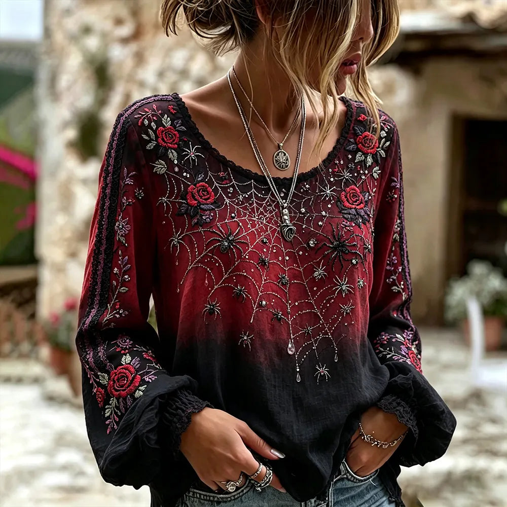 Vintage Halloween Spider And Rose Art Gradient Distressed Cotton Linen Crew Neck Long Sleeve Top