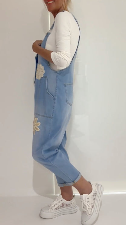 Floral Applique Denim Overall Jumpsuit