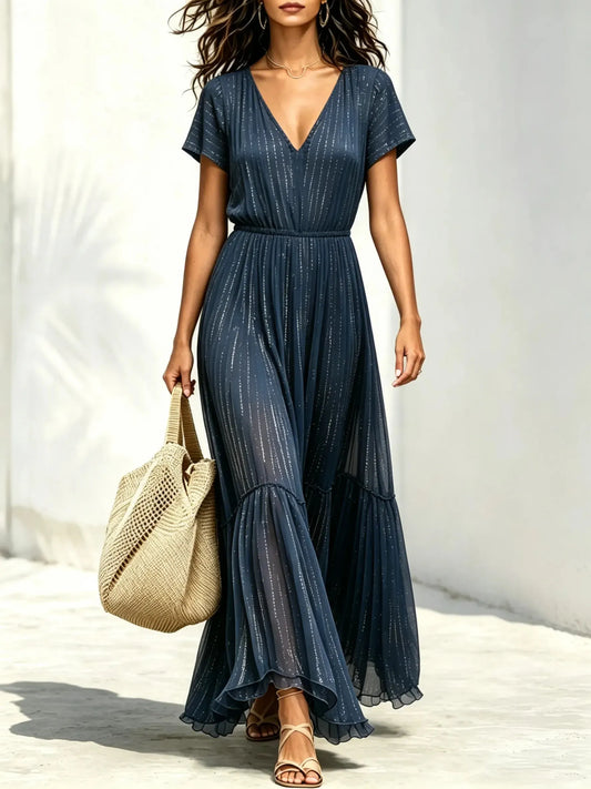 Women's Sparkly Stripe Tiered Pleated Maxi Dress