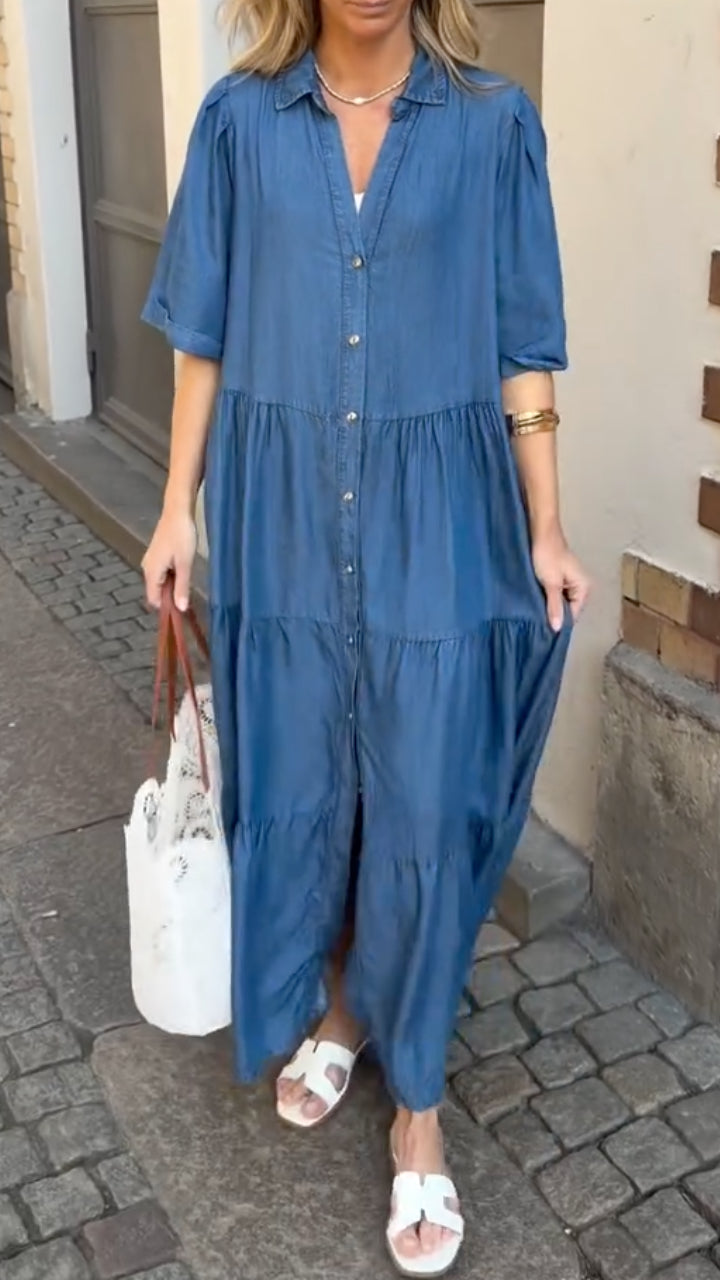 Blue Chambray Tiered Maxi Dress