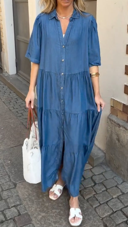 Blue Chambray Tiered Maxi Dress