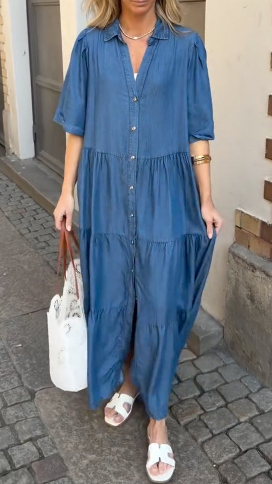 Blue Chambray Tiered Maxi Dress
