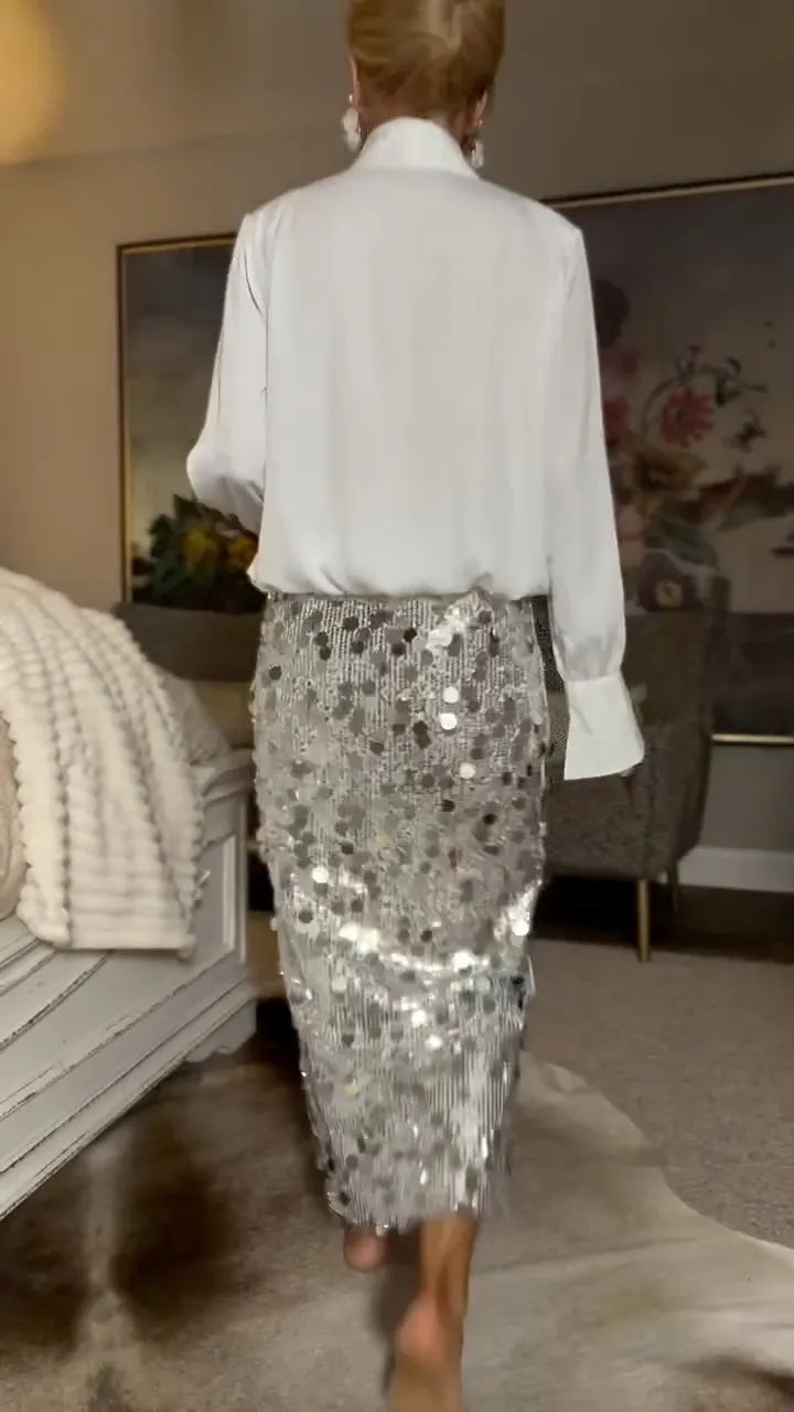 Silver Sequin Midi Skirt and White Blouse Outfit