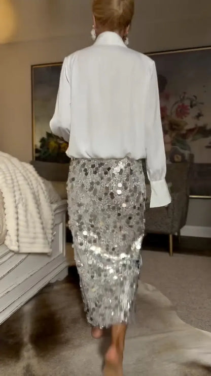 Silver Sequin Midi Skirt and White Blouse Outfit
