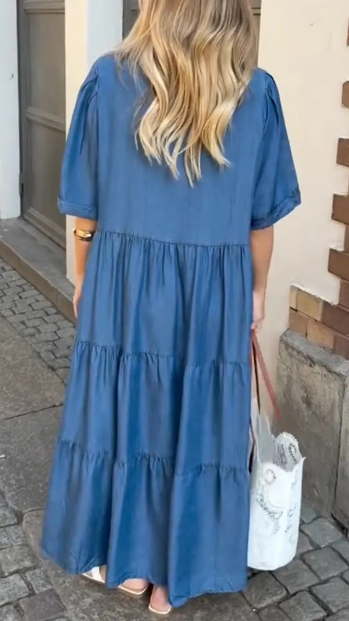Blue Chambray Tiered Maxi Dress