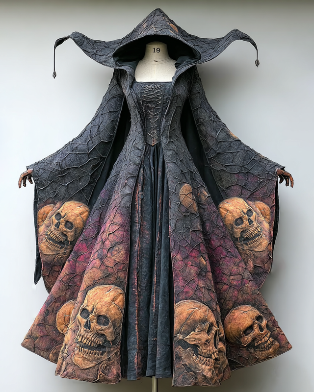 Halloween Themed Gradient Skull Embroidered Hooded Dress  a2e3
