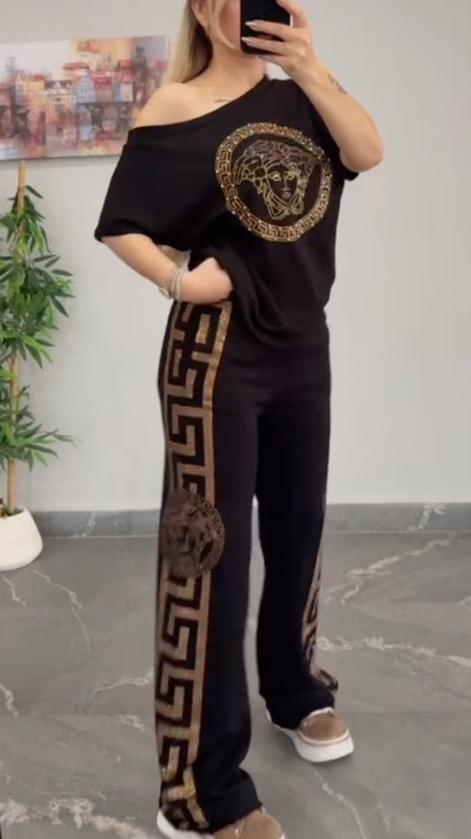Rhinestone Trim Medusa Print Tracksuit Set