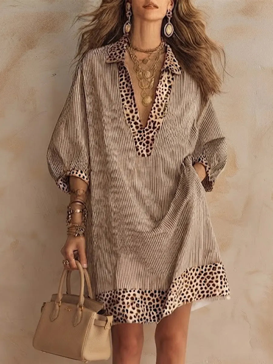 Casual Drop-shoulder Dress Featuring Vertical Stripes, An All-over Leopard Print, And Contrasting-color Panels At The Collar, Cuffs, And Hem