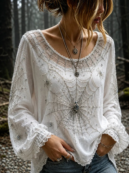 Women's Vintage Halloween Spider And Web Embroidery Art Crew Neck Long Sleeve T-shirt