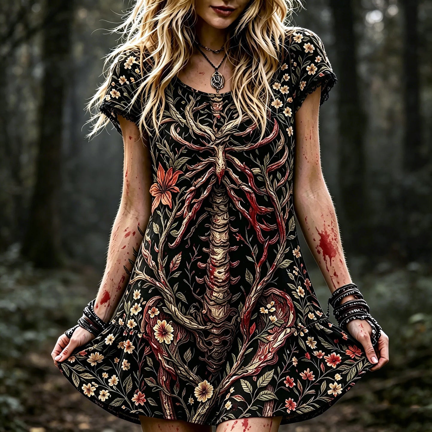 Women's Retro Halloween Style Bone And Floral Print Dress