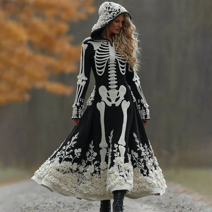 Women's Halloween Skeleton Bones With Rose Art Cozy Knit Hooded Sweater Dress