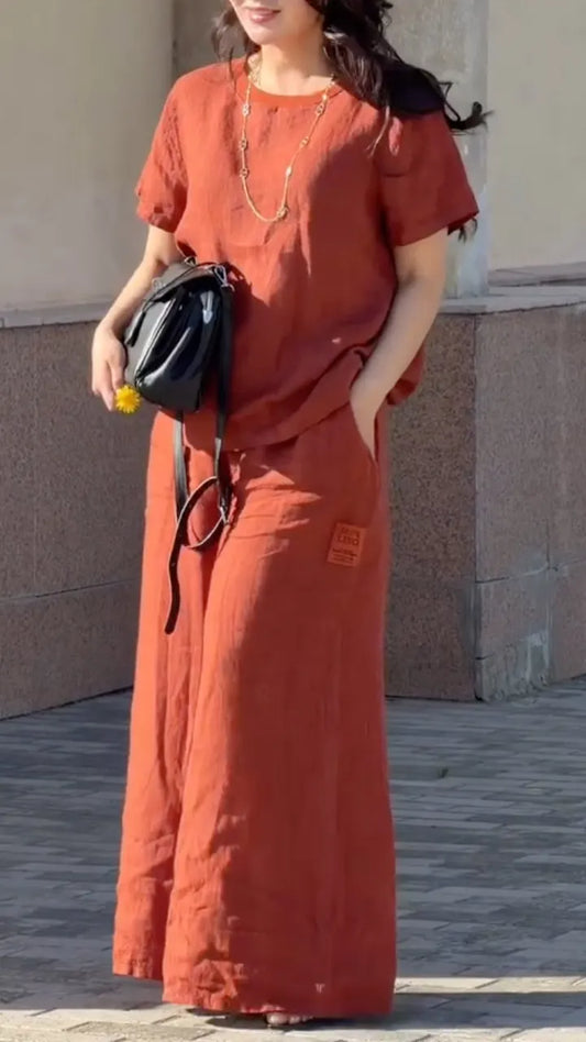 Rust Linen Short Sleeve Casual Two Piece Set