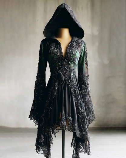 Halloween Gradient Embroidered Lace Patchwork Hooded Dress df61