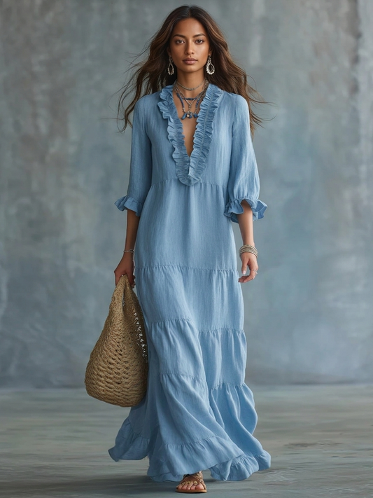 Soft Sky Blue Bohemian Ruffled Maxi Dress