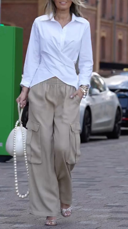 Women's Crossover Waist-Cinching Shirt + Khaki Wide-Leg Cargo Pants Set
