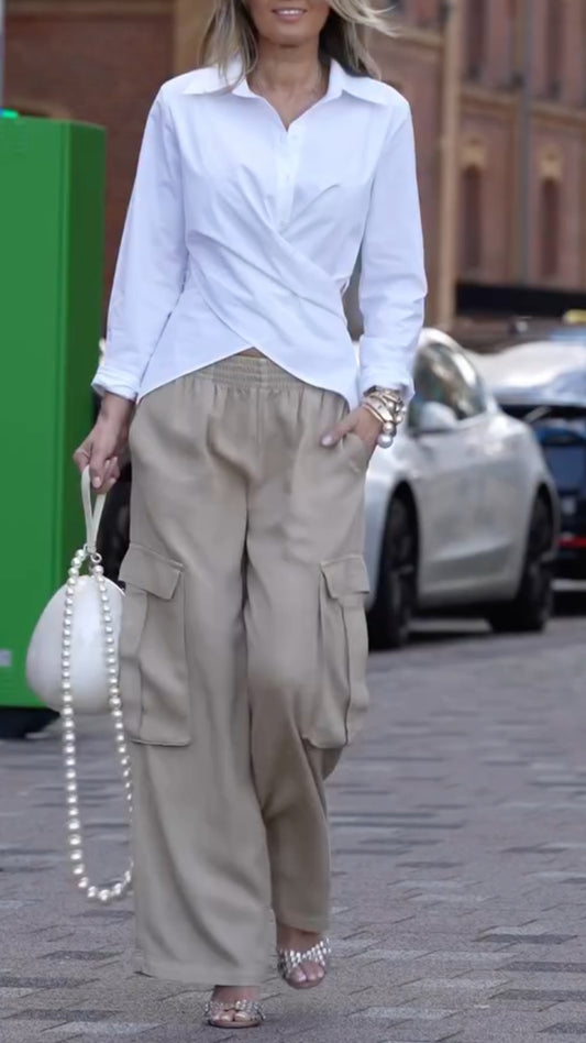 Women's Crossover Waist-Cinching Shirt + Khaki Wide-Leg Cargo Pants Set