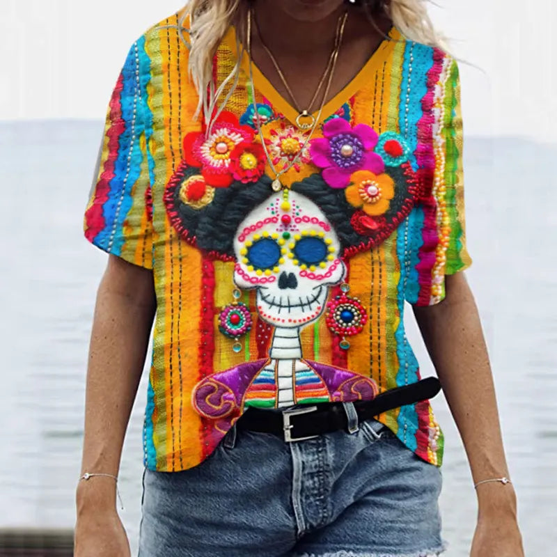 Classic Mexican Sugar Skeleton Catrina Day Of The Dead Inspired Painting V-Neck T-Shirt