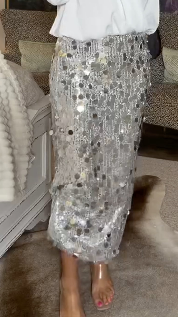 Silver Sequin Midi Skirt and White Blouse Outfit